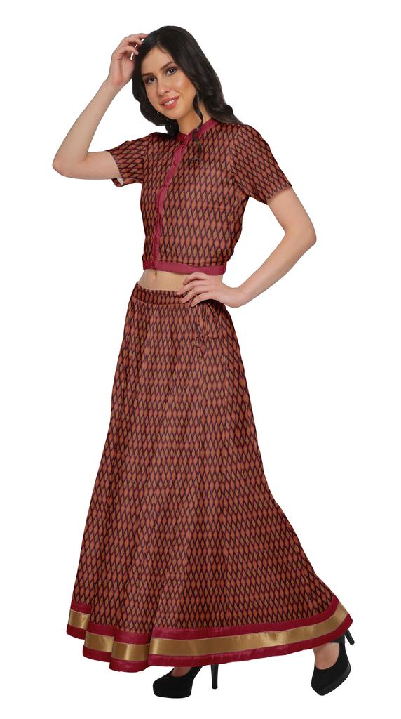 Moomaya Printed Indian Crop Top Skirt Sets Chanderi Women Ethnic Wear Plus