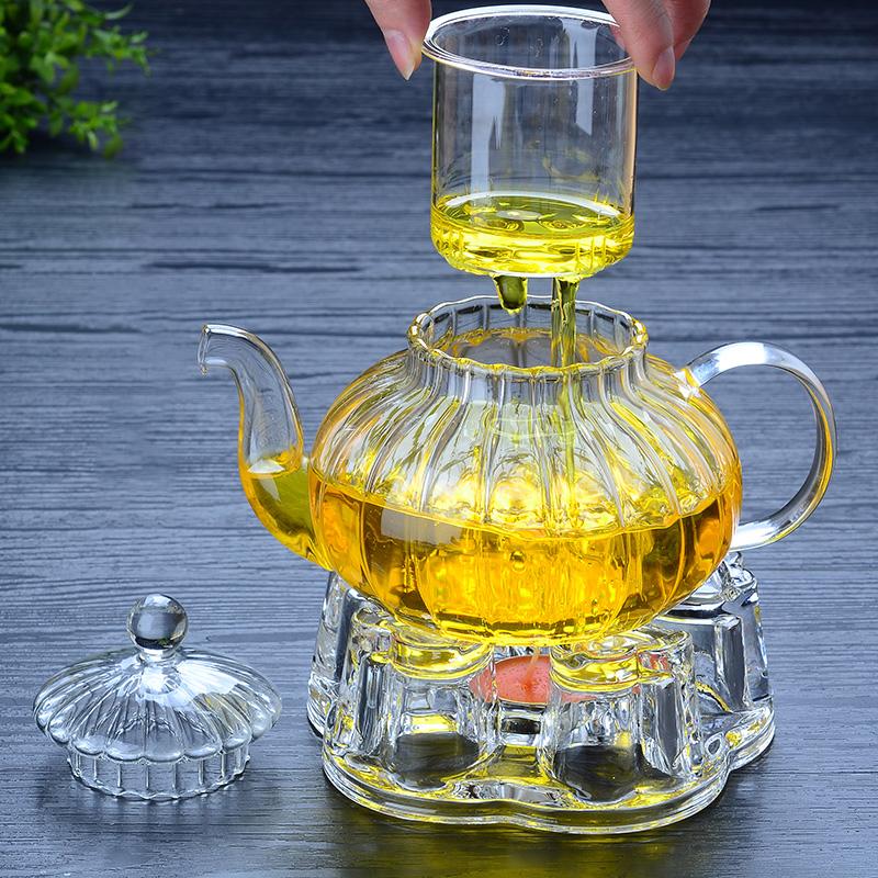 Heat Resistant Glass Pot 600ml Striped Pumpkin Shape Flower Teapot Glass Teapot with Infuser Tea Leaf Herbal Flower TeaCup