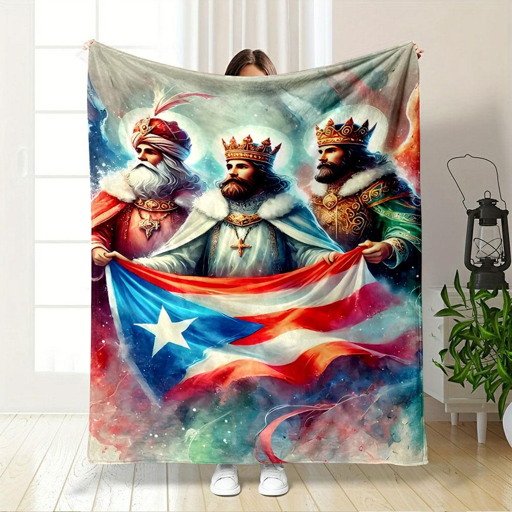 Three crowned figures holding the Puerto Rican flag amid vibrant colors. for all seasons blanket lunch break throw gift