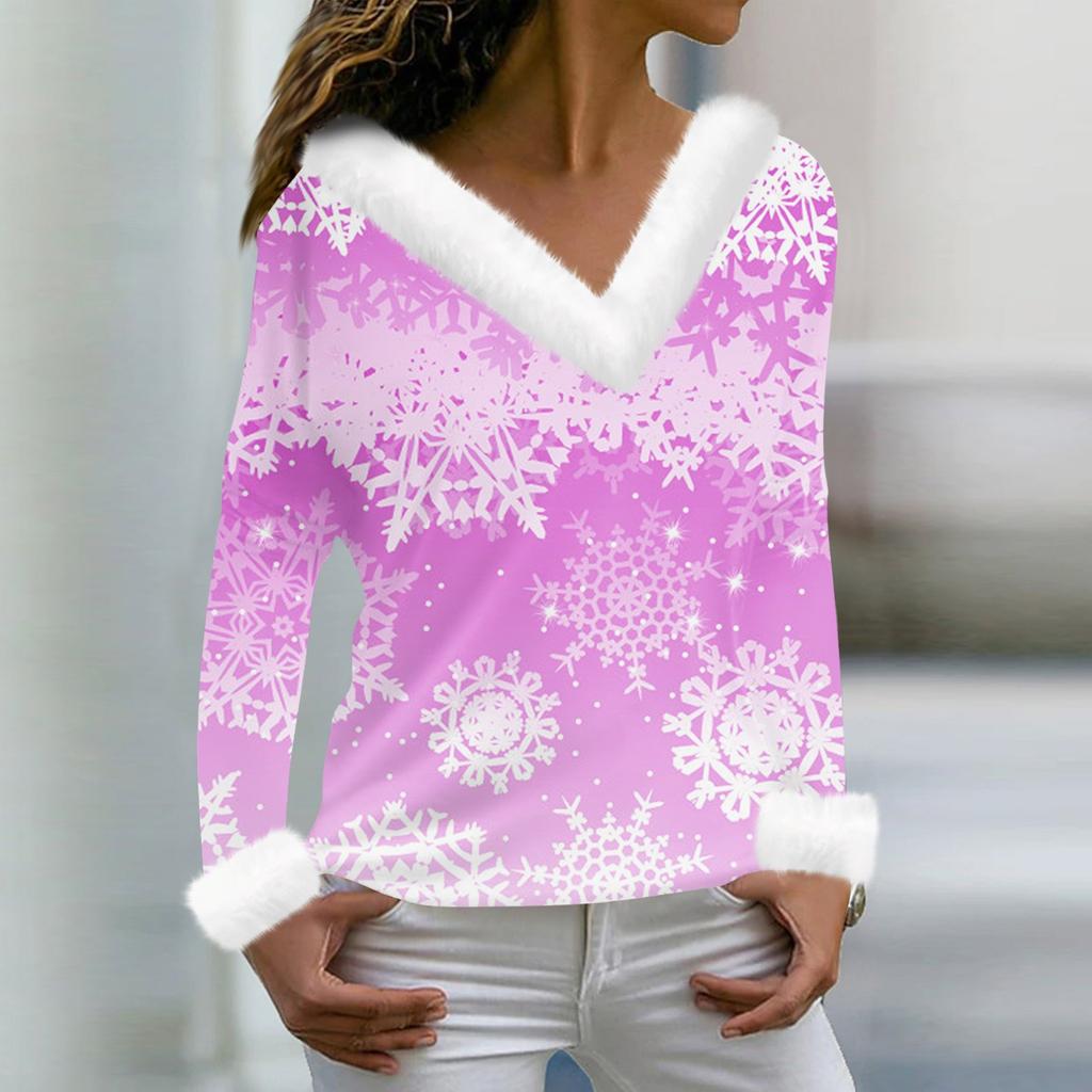 Женская мода повседневная плюшевая кофта с длинным рукавом и V-образным вырезом с рождественским принтом