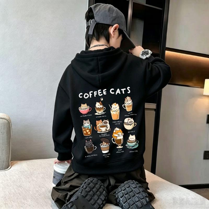 Sweat à capuche pour enfants Y2K Automne Hiver Mignon Dessin Animé Chats au Café Impression Graphique Décontracté Lâche Manches Longues Hauts