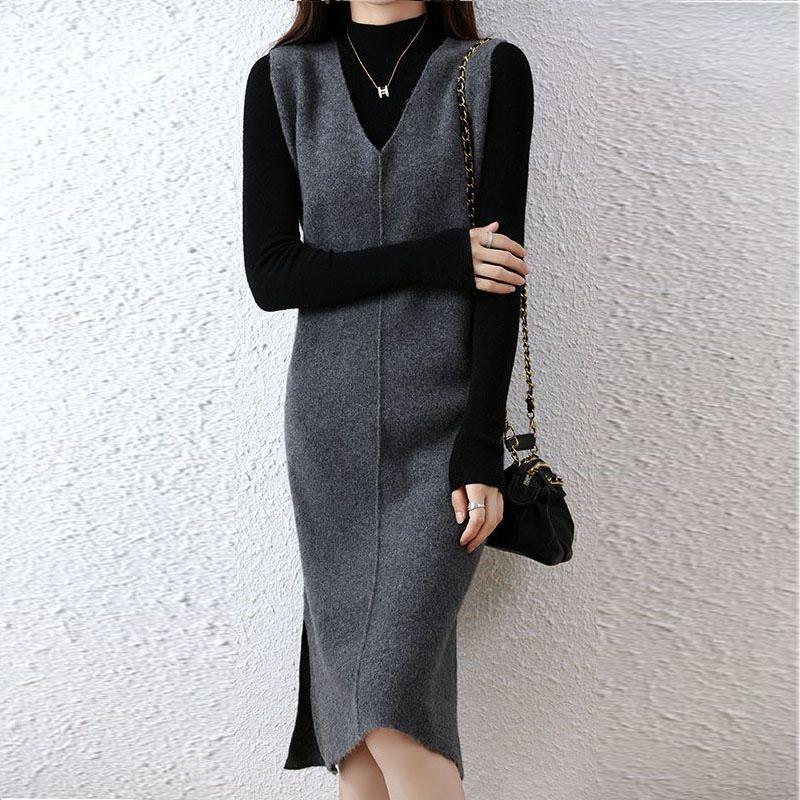 Осенне-зимний шерстяной вязаный жилет, подвесное платье, женское длинное свободное платье без рукавов высокого класса, шерстяное платье, жилет, пуловер
