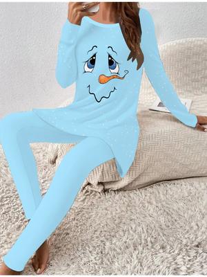 Евро-американская мода 3D Рождественский принт Женский четырехсезонный комплект из двух предметов: футболка с длинным рукавом + длинные брюки. Идеальный подарок на Новый год и Рождество