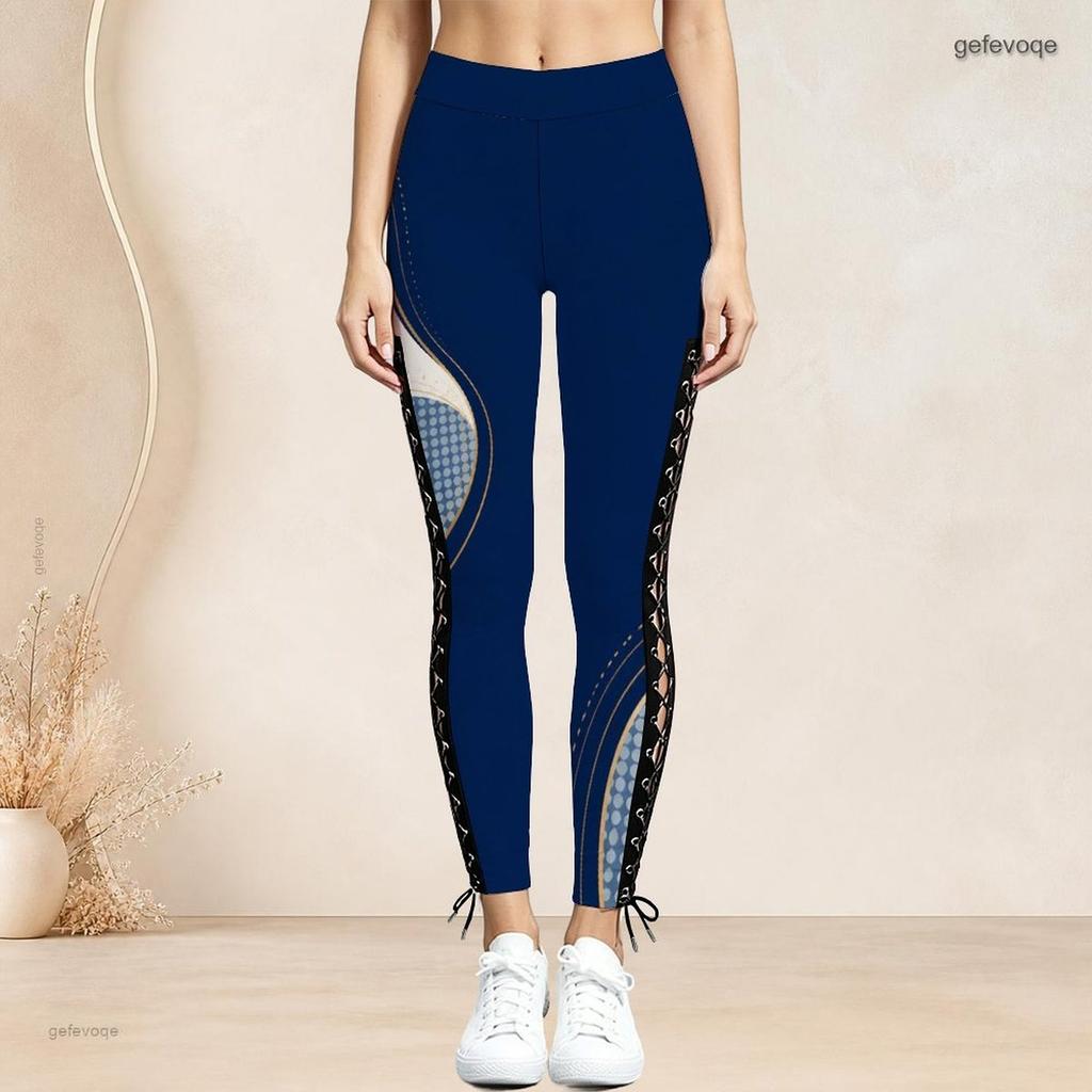 Women Plus Size High Waist Abstract Printed Side Eyelet Lace Up Full Length Leggings