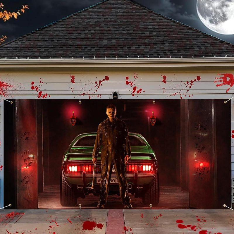 1pc,2Dflat, Halloween garage door banner, classic horror movie killer character background photo party, Halloween decoration, ws