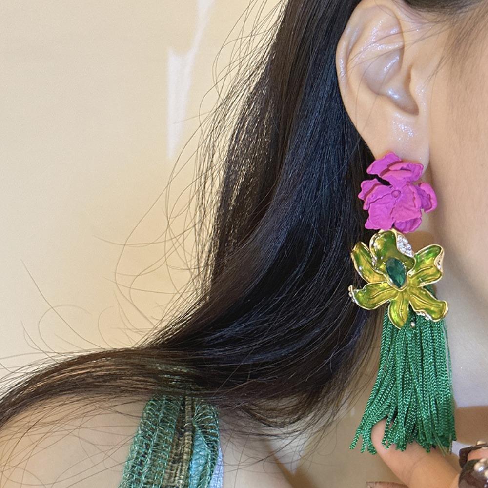 Rhinestone Flower Drop Earrings Tassel Sweet Earrings Trendy Bohemian Earrings Women Female