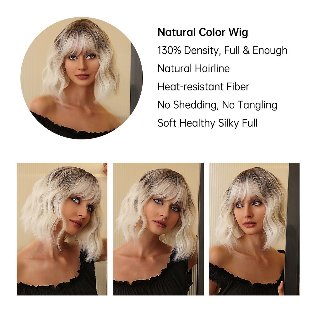 Platinum Bob Wig With Bangs Short Loose Wavy Synthetic Wigs for Women Cosplay Party Wig Dark Root Heat Resistant Fiber Fake Hair