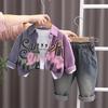 Children's Set Spring And Autumn Style Boys' Long Sleeved Shirt Round Neck White Top Fashionable Jeans Three Piece Set