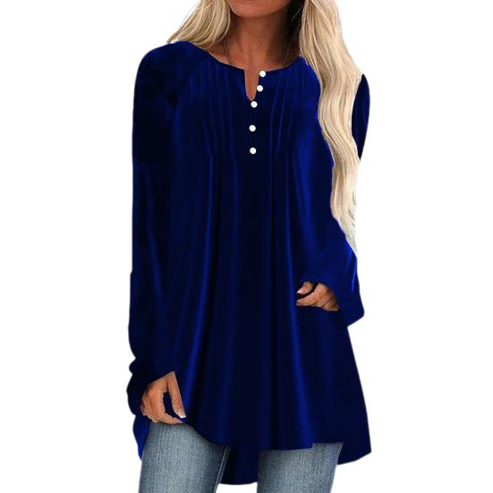 Women Velvet Shirt V-Neck Buttons Half Placket Long Sleeve Asymmetric Hem Pullover Tops Solid Color Mid-length Blouse
