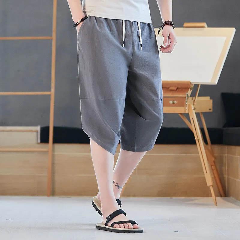 Мужские летние дышащие прохладные мягкие пот-поглощающие повседневные шорты Свободные шаровары большого размера с широкими штанинами однотонные укороченные брюки