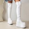 Krazing Pot PU Leather Spring Winter Keep Warm Shoes Super High Heels Waterproof Wedges Stretch Boots Zipper Women Over-the-knee Boots