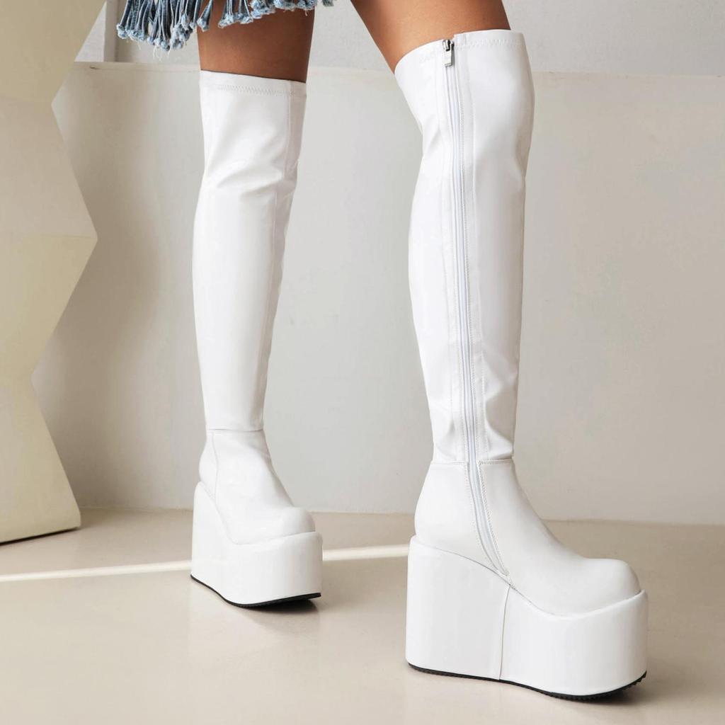 Krazing Pot PU Leather Spring Winter Keep Warm Shoes Super High Heels Waterproof Wedges Stretch Boots Zipper Women Over-the-knee Boots