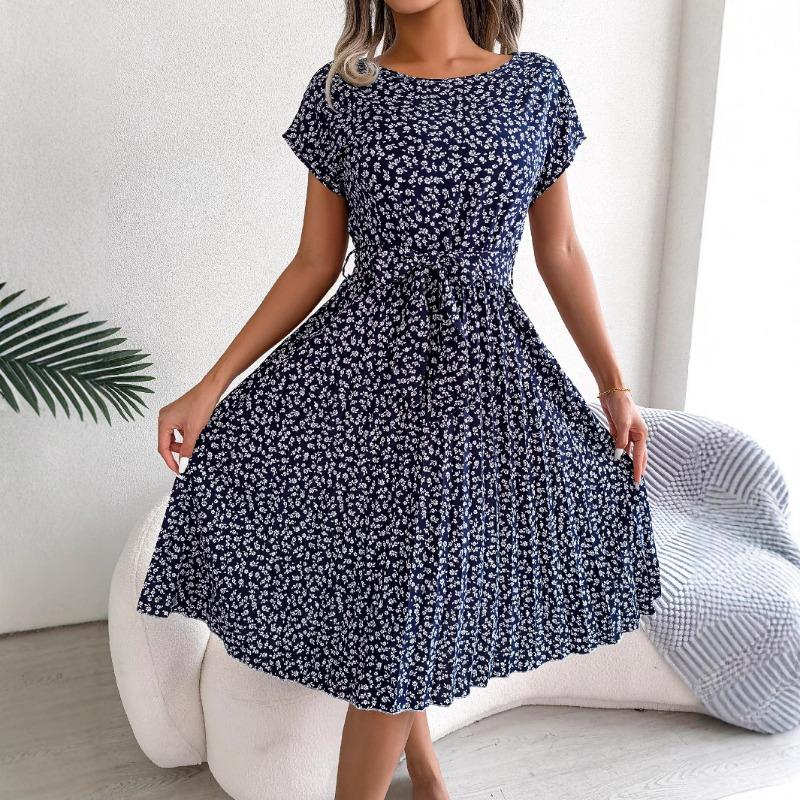 Ins Style Spring and Summer New Casual Short-sleeved Floral Large Swing Pleated Skirt European and American Women's Clothing