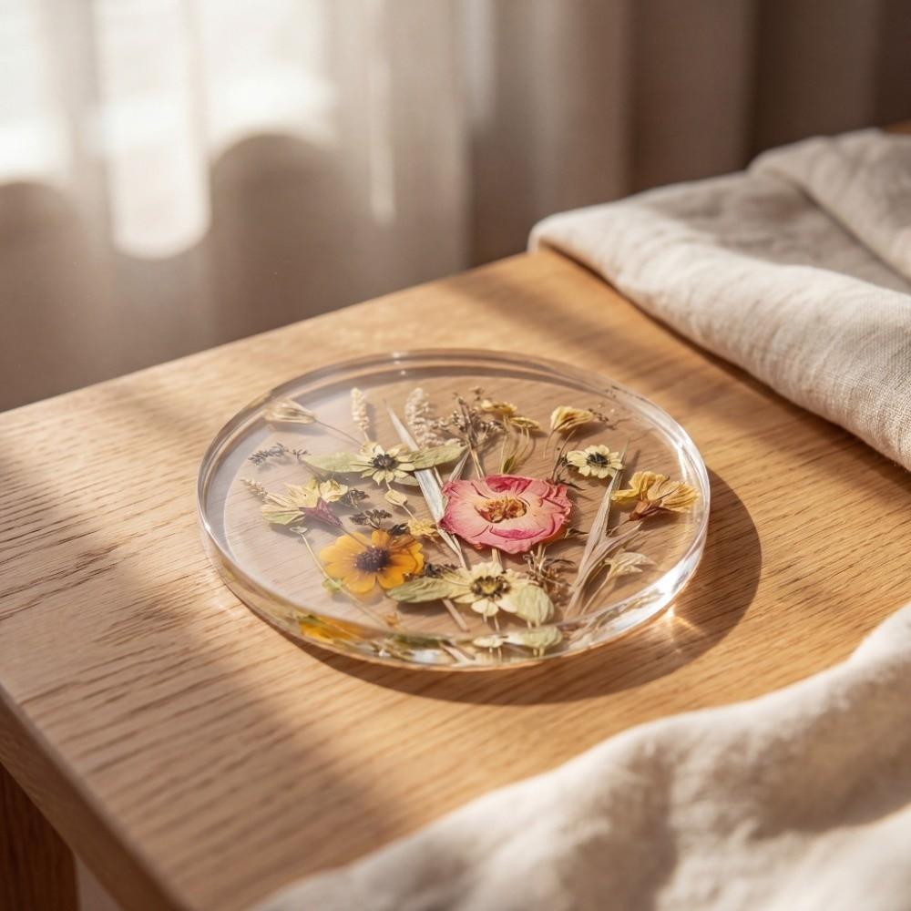 Round Floral Print Coasters Transparent Cup Mat Durable Insulation Pad  Tea Table