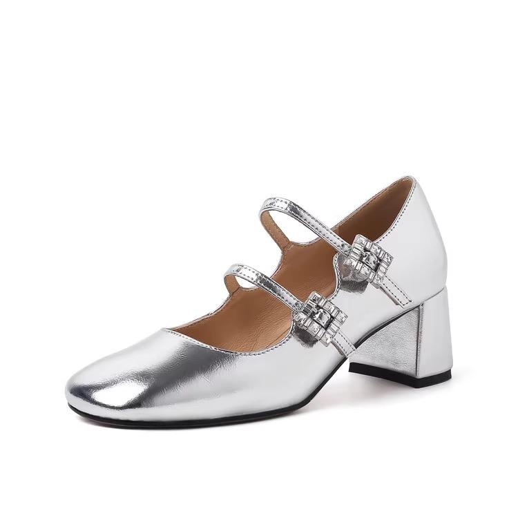 Модные блестящие туфли Мэри Джейн с квадратной пряжкой и двойным кристаллом, туфли-лодочки на толстом каблуке, женские элегантные туфли из лакированной кожи с квадратной головкой