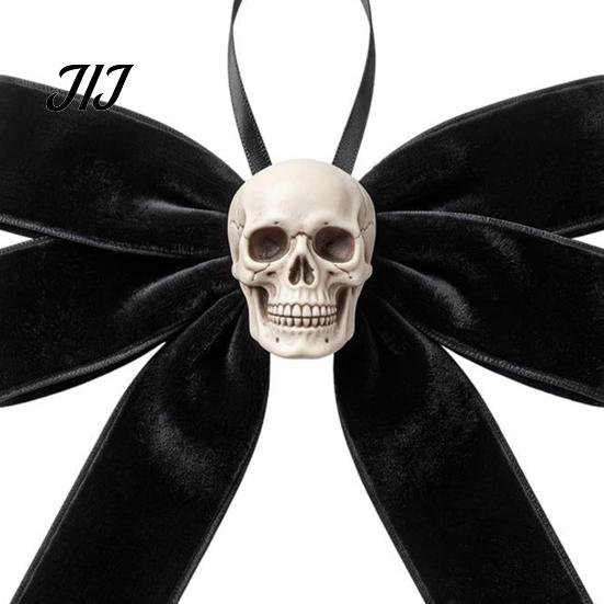 Flannel Skeleton Wall Decor Halloween Velvet Bows with Skull Ornaments for Tree Decoration, Black Gothic Pendant Bow Hanging Home Holiday Party Creepy