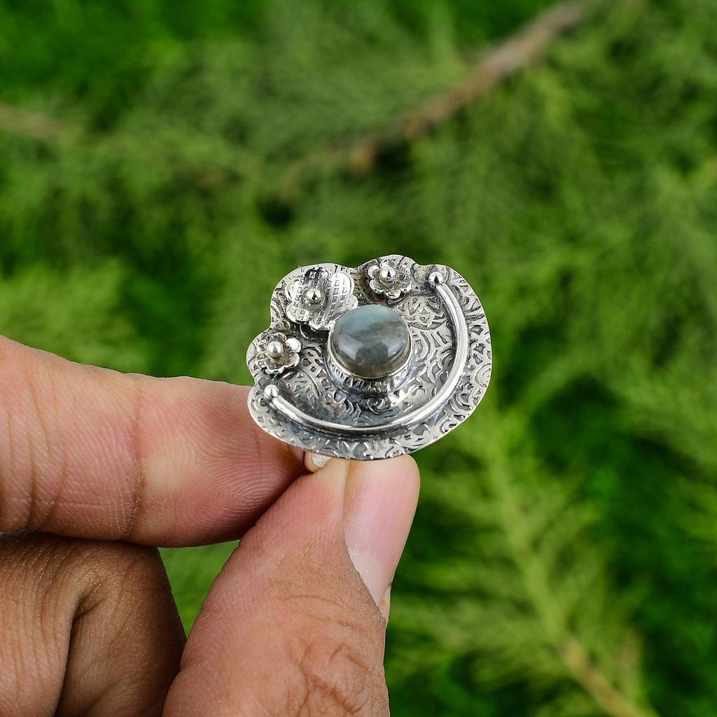 Natural Labradorite Solitaire Flower Adjustable Ring 925 Silver For Women