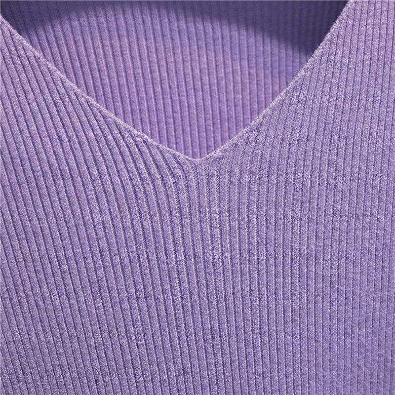 Женские трикотажные рубашки, модный женский осенне-зимний облегающий эластичный свитер с длинным рукавом и v-образным вырезом, повседневный тонкий свитер, пуловер, топы, трикотаж