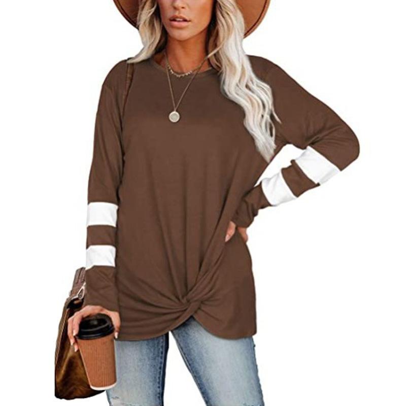 Женская футболка на осень/зиму, круглый вырез, цветной блок, длинный рукав, повседневный топ