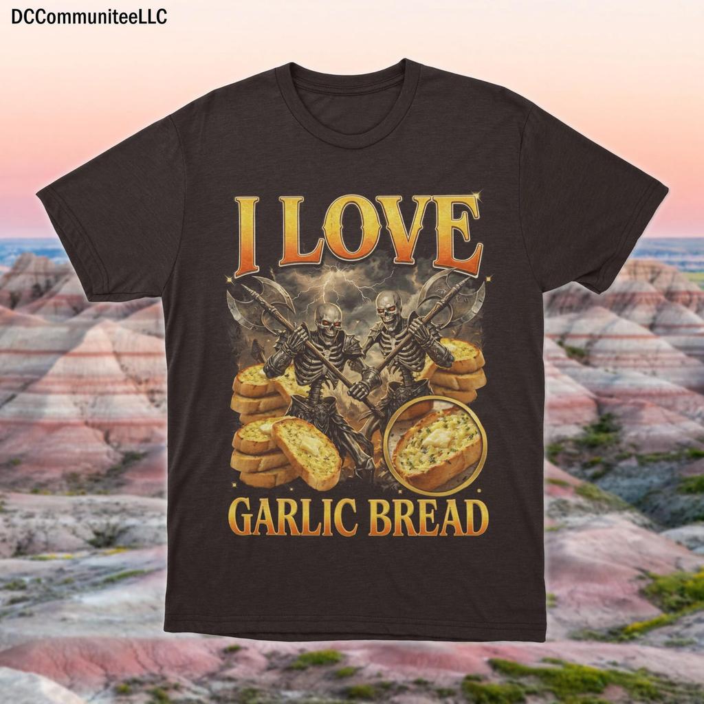 I Love Garlic Bread Skeleton Shirt, Hardcore Garlic Bread Lover Tee, Cringe Aesthetic Skeleton T-Shirt, Funny Fantasy Art Bread Gift