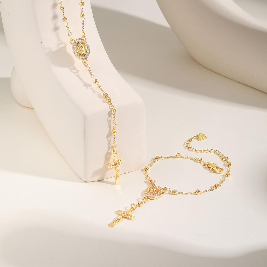 Vnox Virgin Mary Bracelets Necklaces For Women Men,Delicate Jesus Cross Pendent,Christian Catholic Hand Neck Jewelry Set Gifts