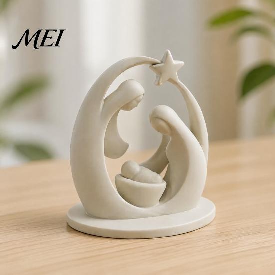 Religious Commemorative Gift 3D Printed Holy Family Ornament, Abstract Crescent Sculpture with Fireplace Christmas Decor Star, Desktop Decoration for