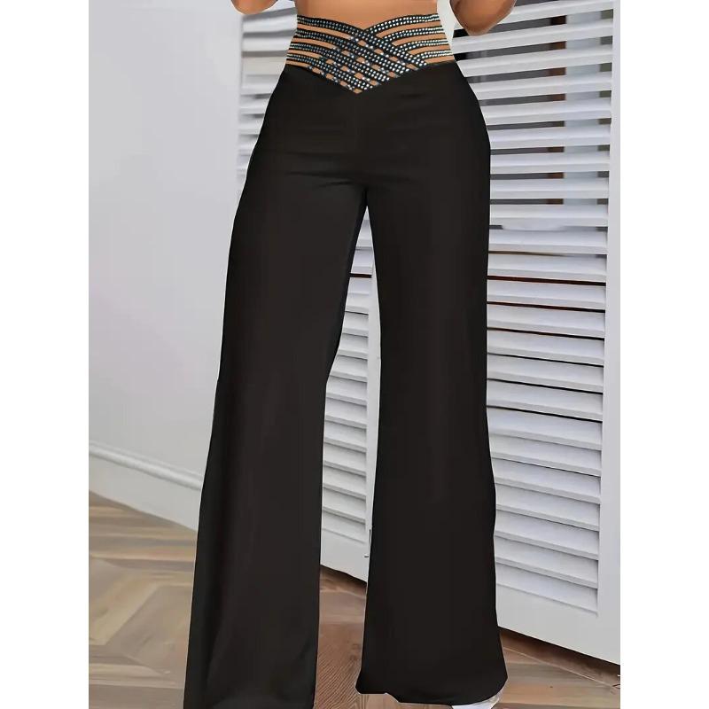 Женские однотонные модные брюки с полым железным креплением и средней талией для отдыха с широкими штанинами