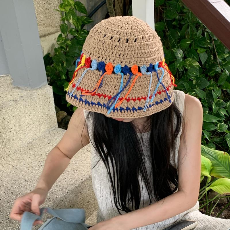 Корейская свежая ручная вязка крючком цветная бахрома шляпа-ведро для женщин весна-лето путешествия повседневная милая универсальная хлопковая вязаная шапка