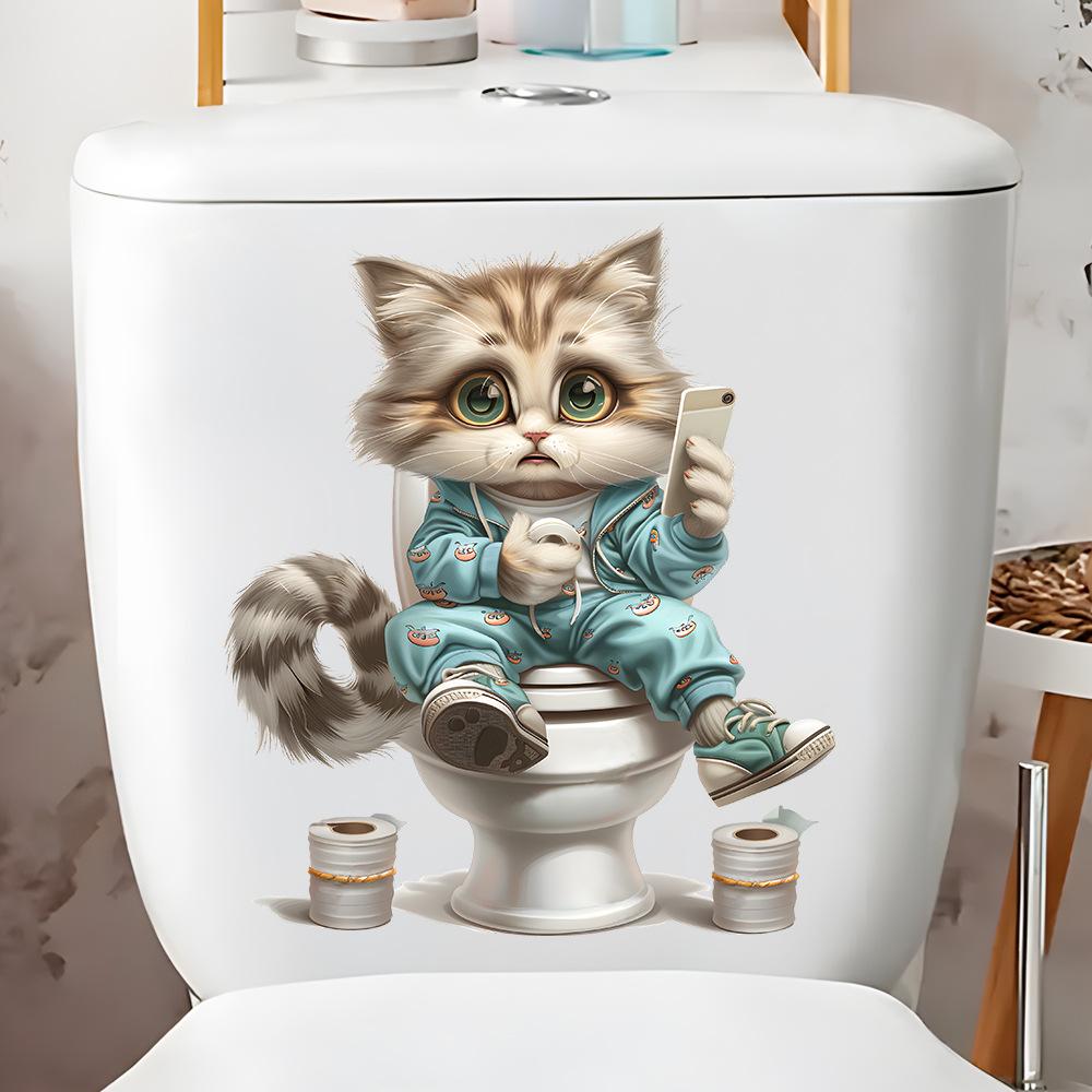 Смешная Кошка Играет в Телефон Туалетная Наклейка Самоклеящаяся Водонепроницаемая Декор для Ванной