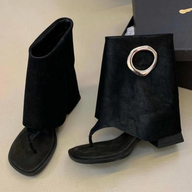 Мода Мода Металлическое Украшение Бренд Ботильоны Женские Высокое Качество Атласный Открытый Носок Современный Сапог Ретро Квадратный Носок Шлепанцы Летний Сапог