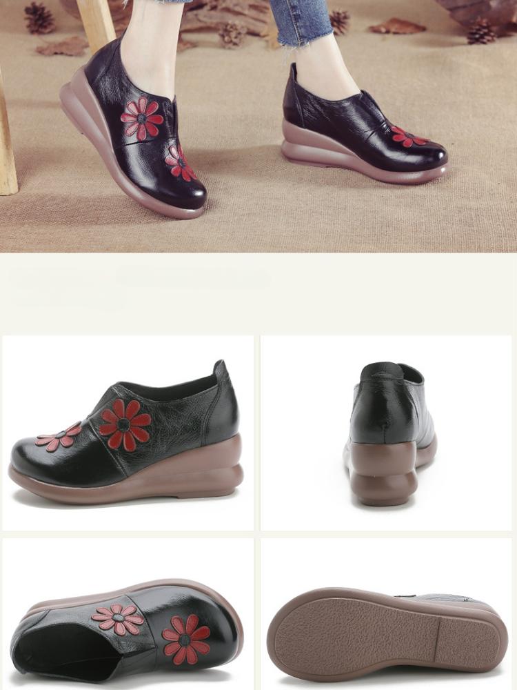 Johnature Женские туфли-лодочки из натуральной кожи с круглым носком в стиле ретро, ​​женская обувь на танкетке с мягкой подошвой и цветочным принтом в этническом стиле