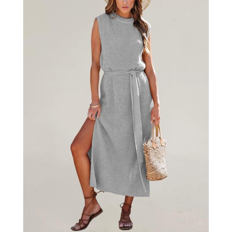 Women's Round Neck Solid Colour Split Belt Knitted Dress