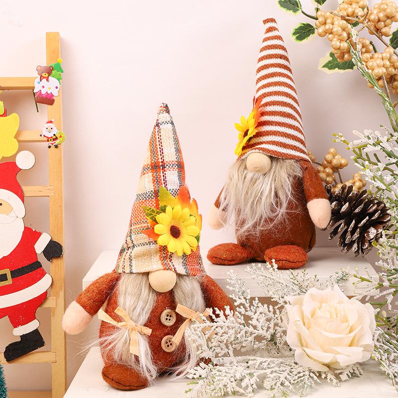 Thanksgiving Gnome Figurine with Sunflower, Maple Leaf, and No-Face Doll Design