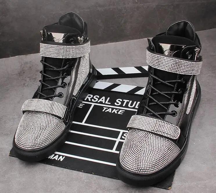 Модные новые дизайнерские мужские блестящие стразы высокие кроссовки повседневные туфли на плоской подошве скейтборд кроссовки на толстой подошве мужская обувь