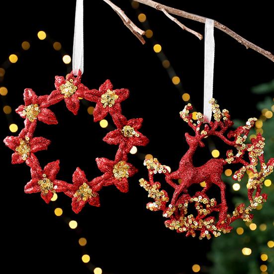 Glitter Sequined Christmas Ornament Red Snowflake/Butterfly/Star/Reindeer/Ballerina Hanging Decoration for Xmas Tree Doors Windows Walls Holiday Home