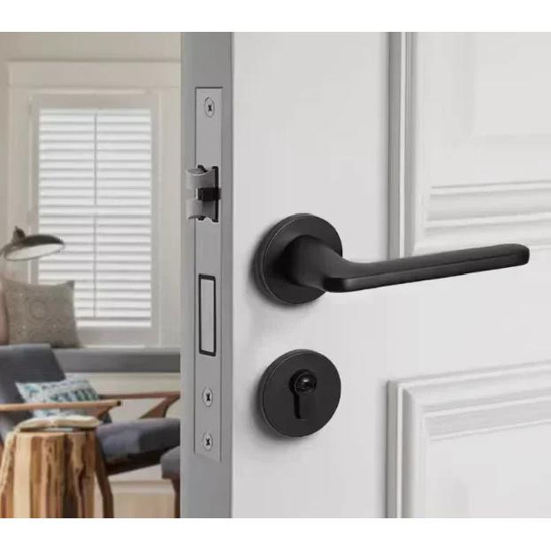 1 set of indoor silent door lock aluminum alloy Nordic minimalist bedroom split wooden door handle lock with key included