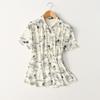 Export Pure Yuan Simple Anti-Aging Loose Slim Looking Elegant Chinese Style Print Drape Viscose Short Sleeve Shirt for Women