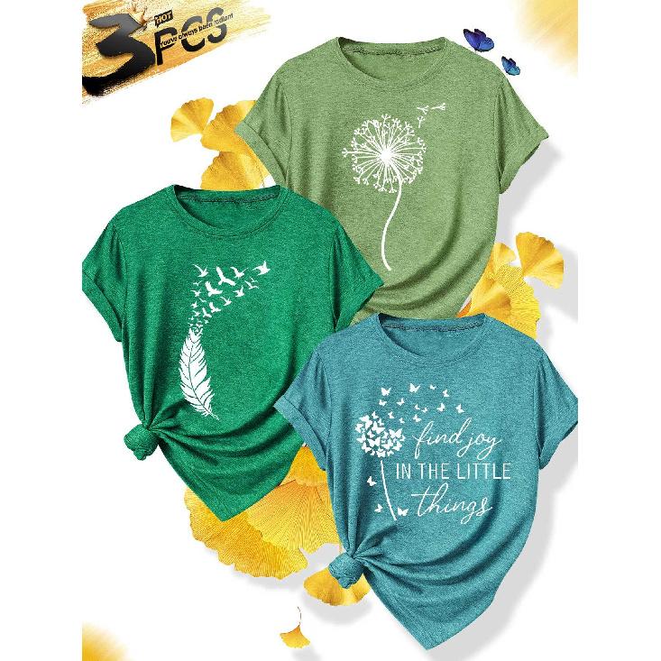 3Elegant plus-size short-sleeve outfit for sisters to attend parties T Shirt Dandelion Bird Find Joy Printed plus-size women's casual sportswear for