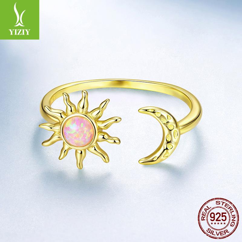 Opal Sun Moon Open Ring S925 Sterling Silver Gold Plated Sun Moon Ring Jewelry