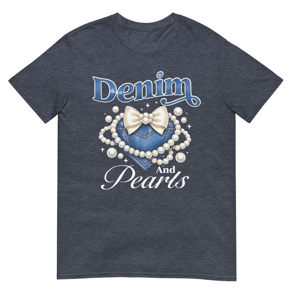 Pearls And Denim Outfit Bow Denim Pearls Ladies Girls Unisex Tshirt