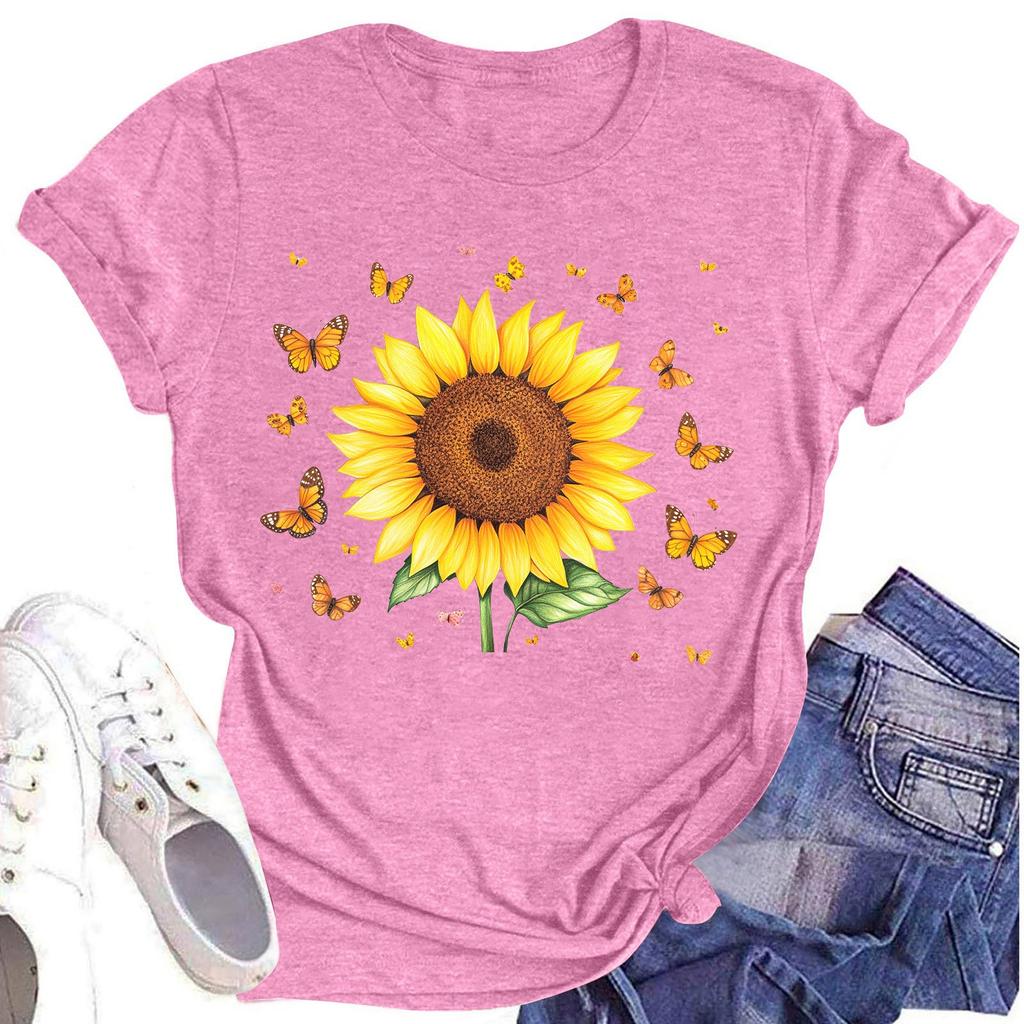 Женская повседневная футболка с круглым вырезом и цветочным принтом, короткий рукав