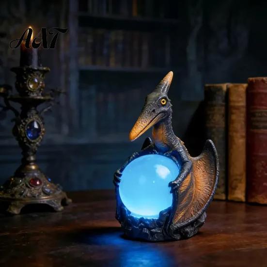 Fantasy Decor Desk Lamp Pterosaur Night Light, Resin Gothic Dragon Table with Glowing Faux Crystal Light Ball, for Bedroom Office, Gift Lovers