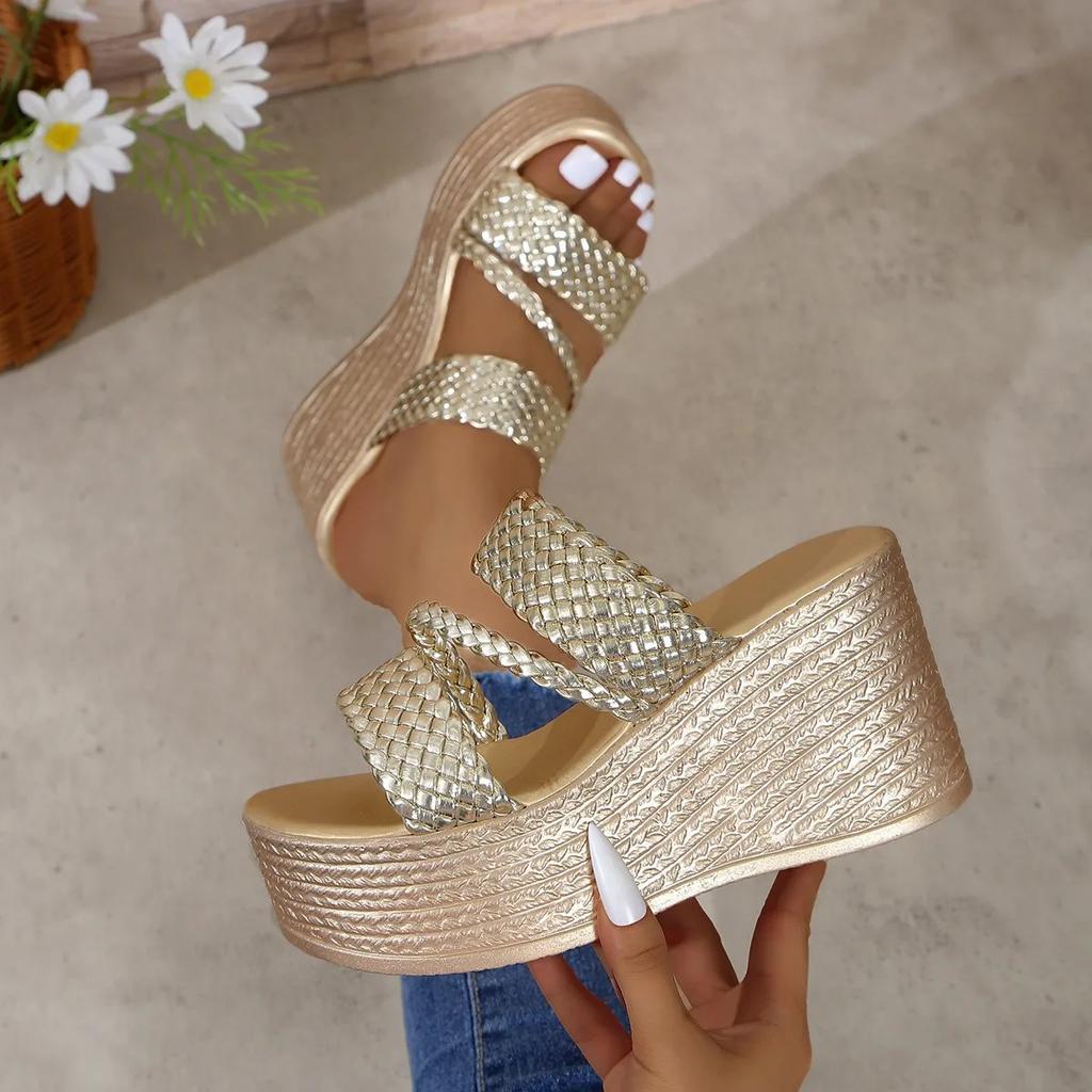 Fashion Hot - Selling Chunky Wedge Sandals | Gold Braided Straps Slides for Daily & Vacation Looks