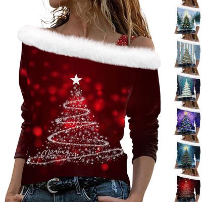 Женские топы с длинными рукавами. Модные женские свободные пуловеры с открытыми плечами с рождественским принтом.