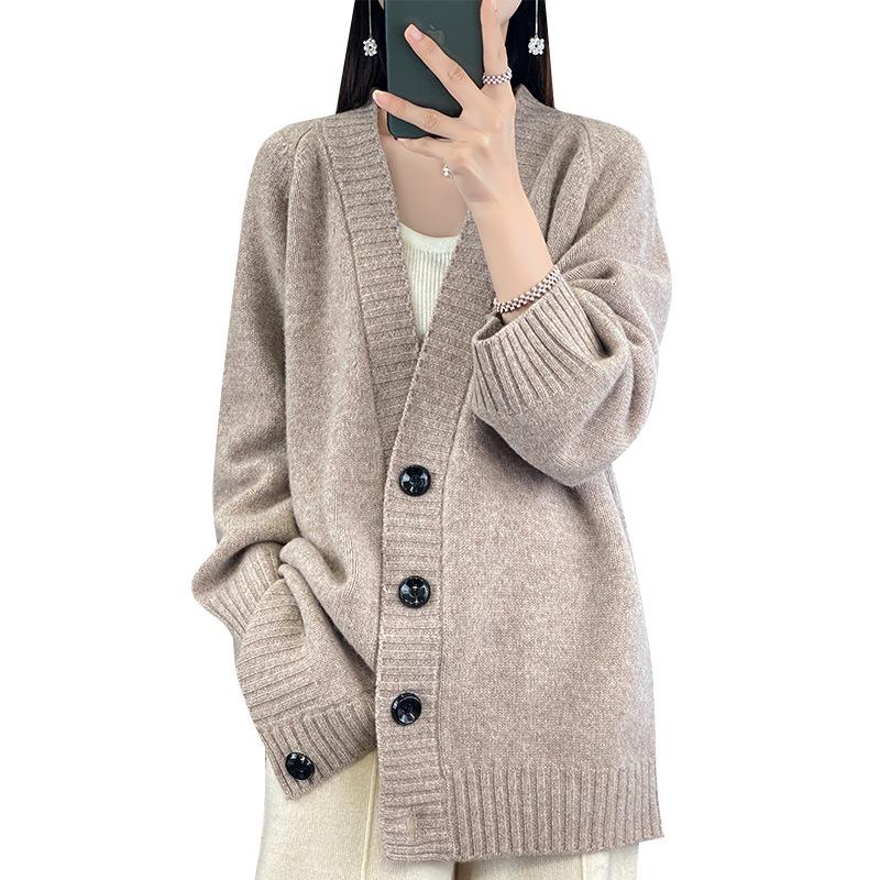 Кашемировый кардиган с V-образным вырезом в корейском стиле: Повседневное, удобное для поездок, универсальное однобортное вязаное пальто-свитер.