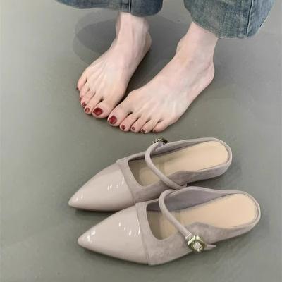 Летние новые туфли-балетки с низким каблуком и острым носком, из фланели с металлическими пряжками, противоскользящие, износостойкие