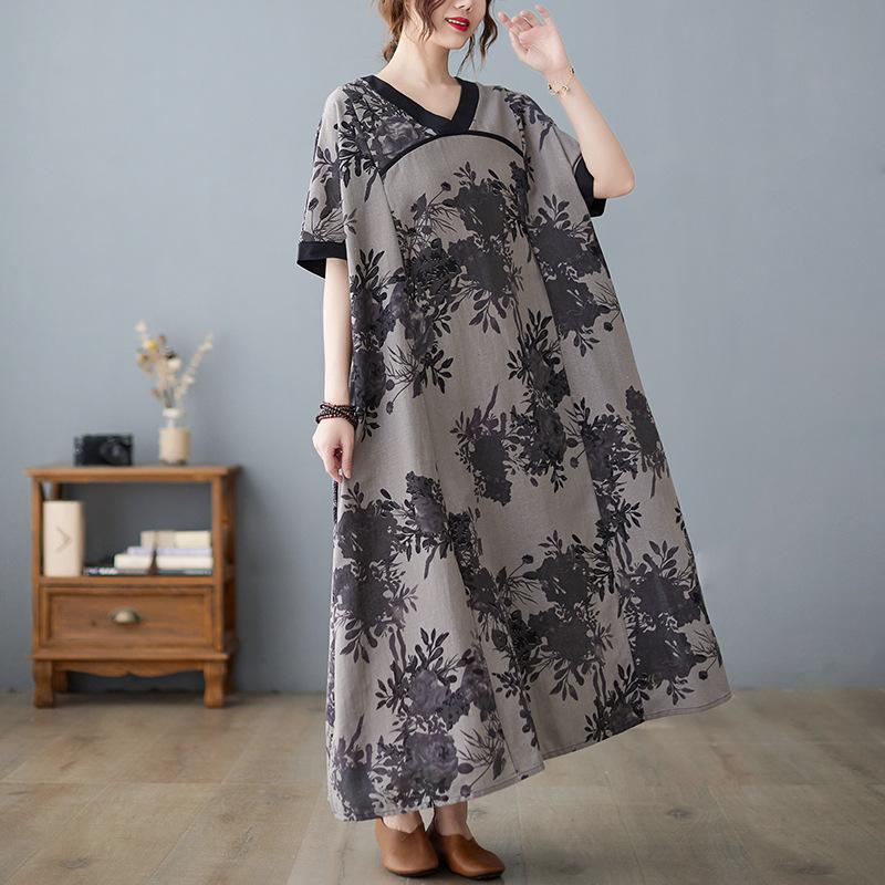 Летнее свободное платье большого размера в китайском стиле с V-образным вырезом, контрастное хлопковое льняное платье с короткими рукавами, утягивающее, средней длины, для женщин, платья