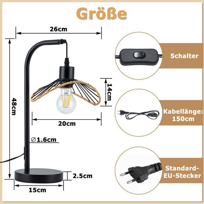 NETTLIFE - Lampe de table noire de style rétro avec câble culot E27 pour chambre ou bureau en métal (ampoule non fournie)