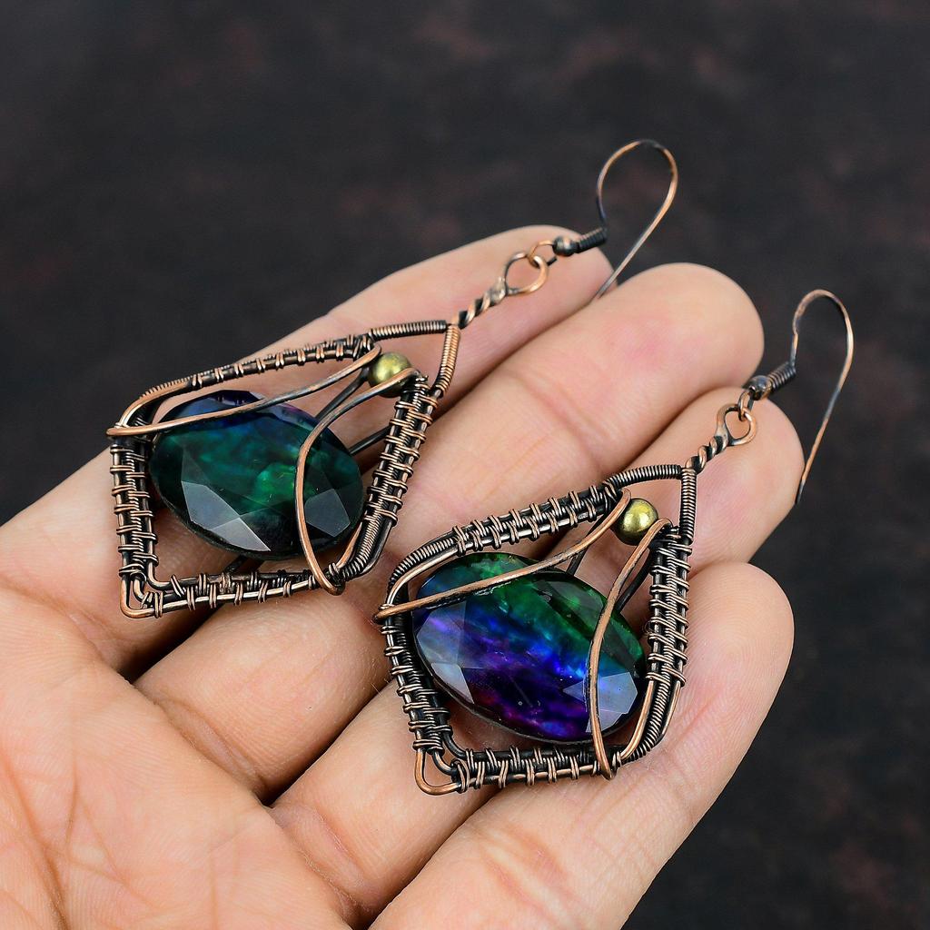 Faceted Ammolite Earring Copper Wire Wrapped Earrings Copper Jewelry Original Gemstone Earrings Handmade Jewelry Gifts For Mom Drop Earrings