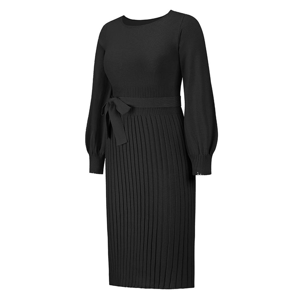 Women's Fashion Casual Solid Color Round Neck Long Sleeves Knitted Slim Fit Pleated Dress